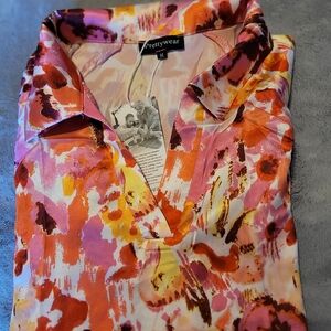 BNWT LADIES PRETTY WEAR FLORAL BLOUSE SIZE MEDIUM ELASTIC LONG SLEEVE POLY BLEND